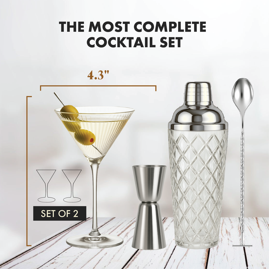 Ribbed martini glass with olives, 4.3 inch wide bowl; set includes 2 glasses, silver glass shaker, bar spoon, and jigger.