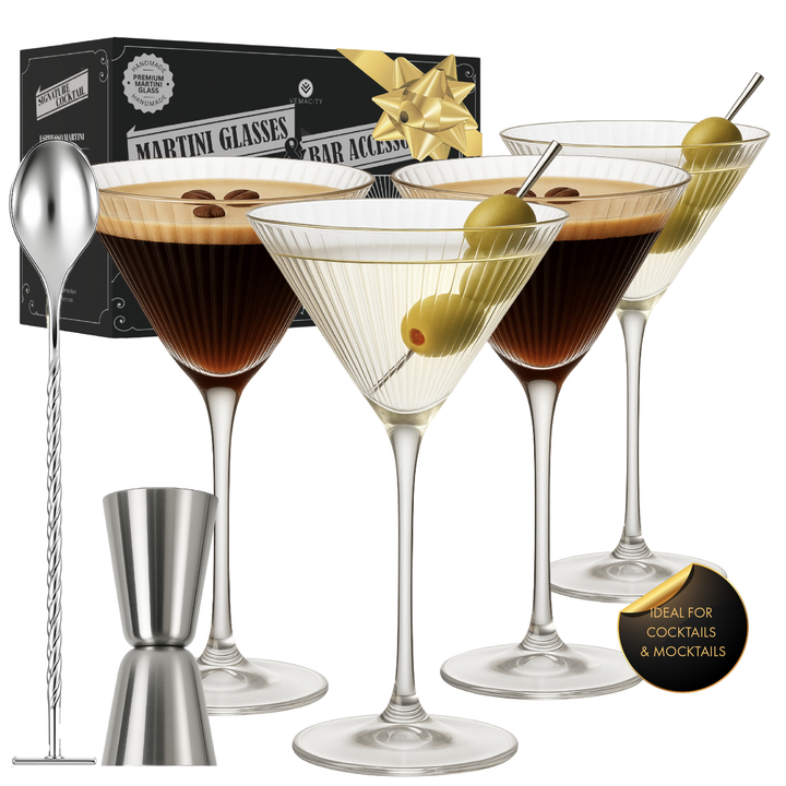 Vemacity martini glass set with bar tools including double-sided jigger, bar spoon, 4 glasses, and gift box packaging.