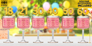 Personalised milestone birthday gin glasses set with gold rims – ages 18, 21, 30, 40, 50 and 60 – elegant gift with bar accessories.