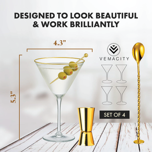 Vemacity ribbed martini glass with gold rim, 5.3 inches tall and 4.3 inches wide, shown with gold bar spoon and jigger, set of 4.