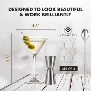Vemacity ribbed martini glass with olives on cocktail pick, 5.3 inch tall and 4.3 inch wide, shown with jigger and bar spoon, set of 4.