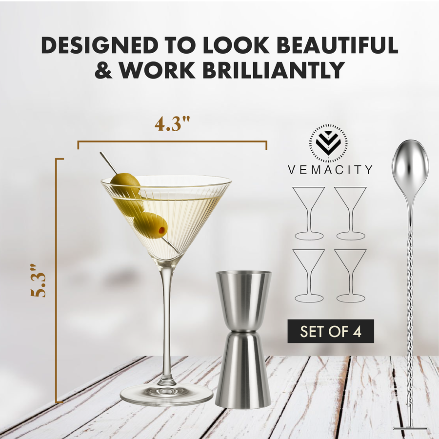Vemacity ribbed martini glass with olives on cocktail pick, 5.3 inch tall and 4.3 inch wide, shown with jigger and bar spoon, set of 4.