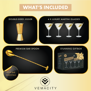 Vemacity martini glass set contents including gold double-sided jigger, 4 ribbed martini glasses, premium gold bar spoon, and gift box.