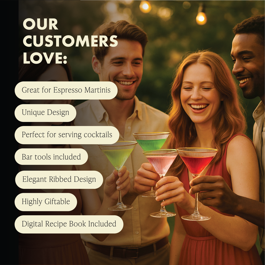Group enjoying cocktails in Vemacity ribbed martini glasses with gold rim, highlighting unique design, bar tools, and gift-ready packaging.