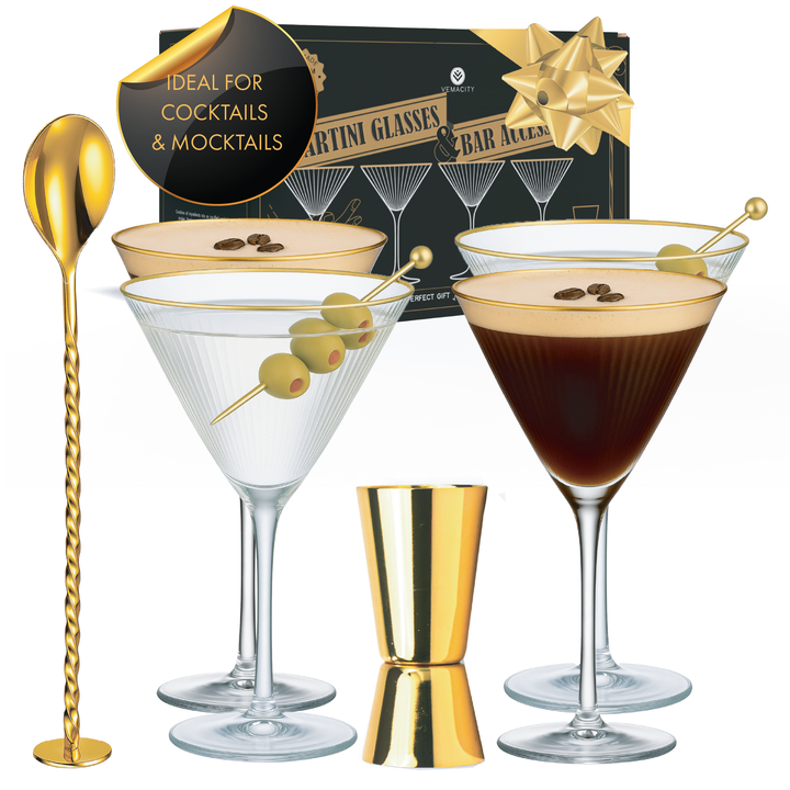 Vemacity ribbed martini glass set of 4 with gold rim and bar tools including gold jigger and bar spoon, gift box packaging.