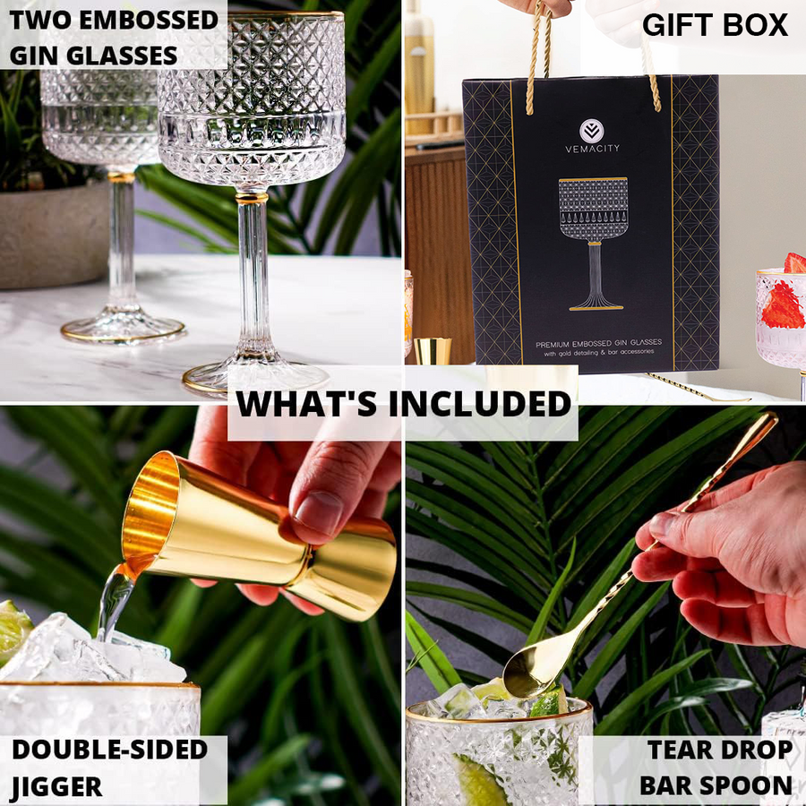 Set of two Vemacity embossed crystal gin glasses with gold rim, luxury cocktail glassware for gin and tonic