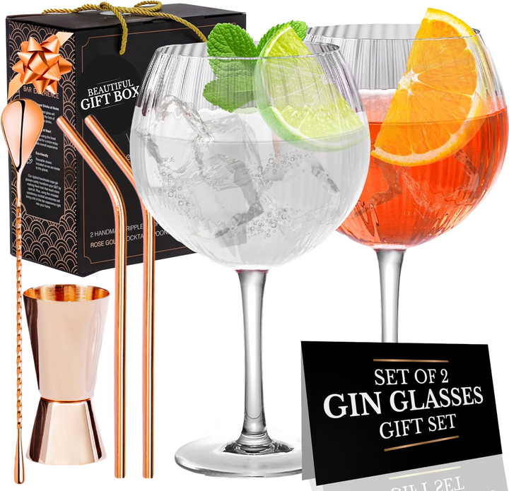 Set of two Vemacity embossed crystal gin glasses with gold rim, luxury cocktail glassware for gin and tonic