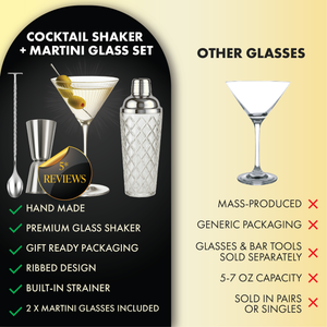 Comparison: Vemacity shaker and martini glass set with handmade ribbed design vs generic glasses; accessories included.