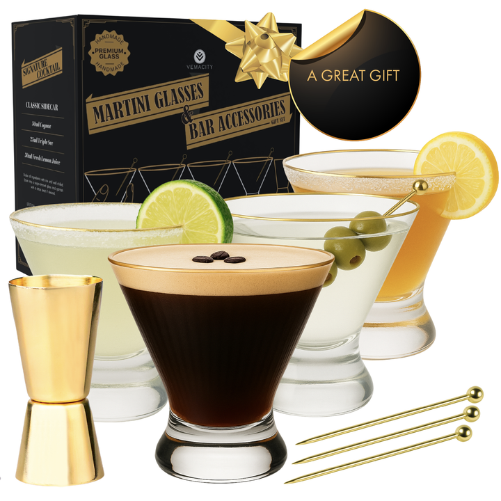 Vemacity martini glass gift set with four stemless martini glasses, cocktail picks, jigger, and gift box packaging, ideal for cocktails and gifting.