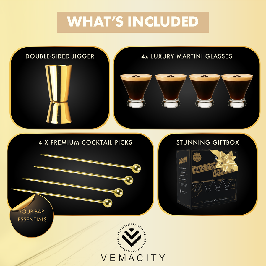 Overview of Vemacity stemless martini glass set showing included items: double-sided jigger, four glasses, four cocktail picks, and gift box.