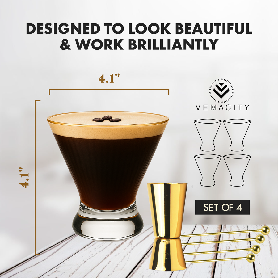 Vemacity stemless martini glass with gold rim shown with product dimensions 4.1 x 4.1 inches and set of four design, including gold bar accessories.