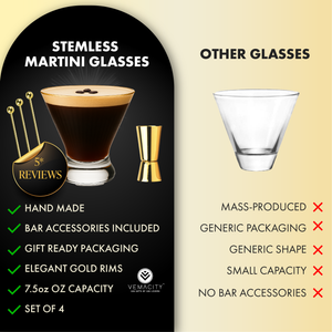 Comparison of Vemacity stemless martini glasses with gold rim versus generic glasses, highlighting handmade quality, bar accessories, gift packaging, and 7.5oz capacity.